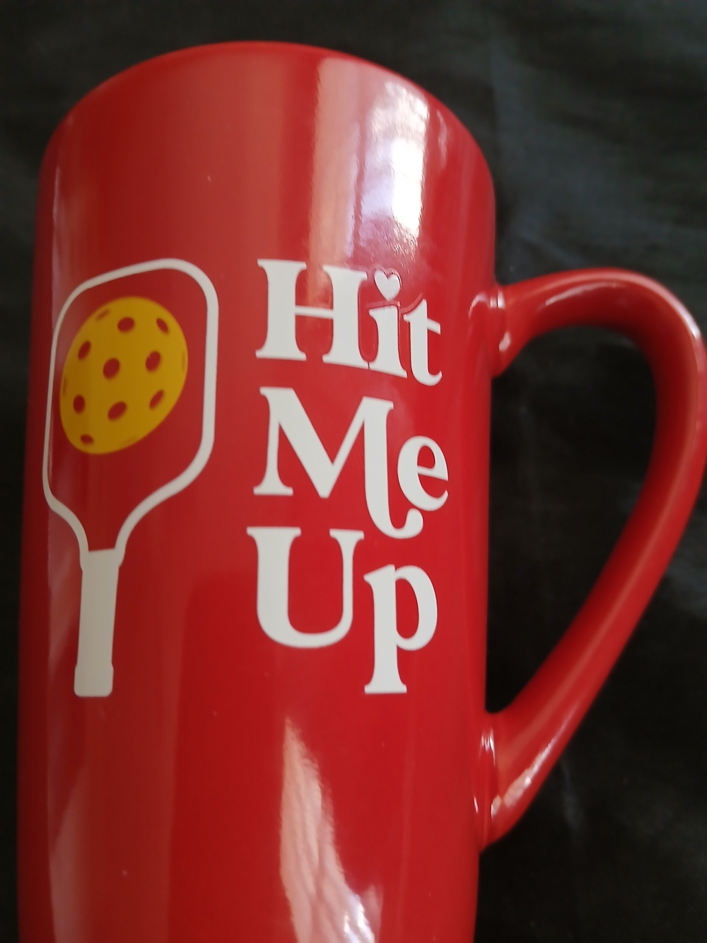 Red 'Hit Me Up' Ceramic Pickleball Mug.